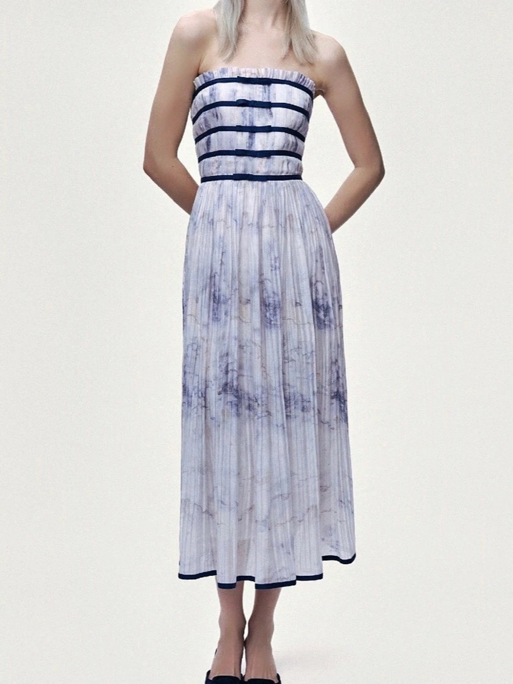 Strapless Abstract Midi Dress in White & Blue NWT